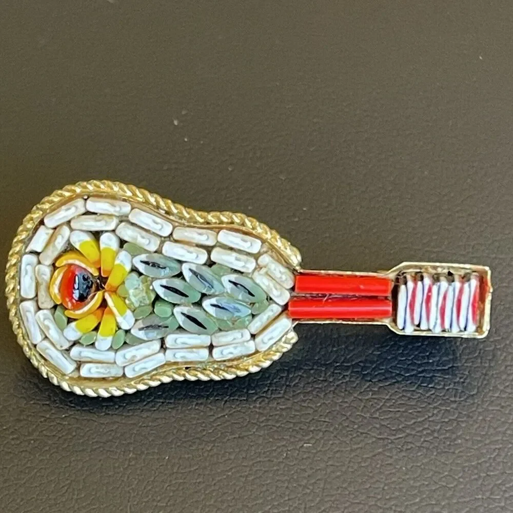 Vintage Italian Micro Mosaic Mandolin Guitar Brooch Signed Italy Flower Design